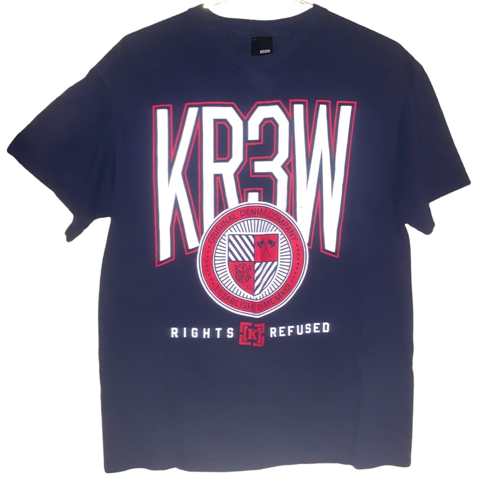 KR3W original denim apparel graphic T-shirt.